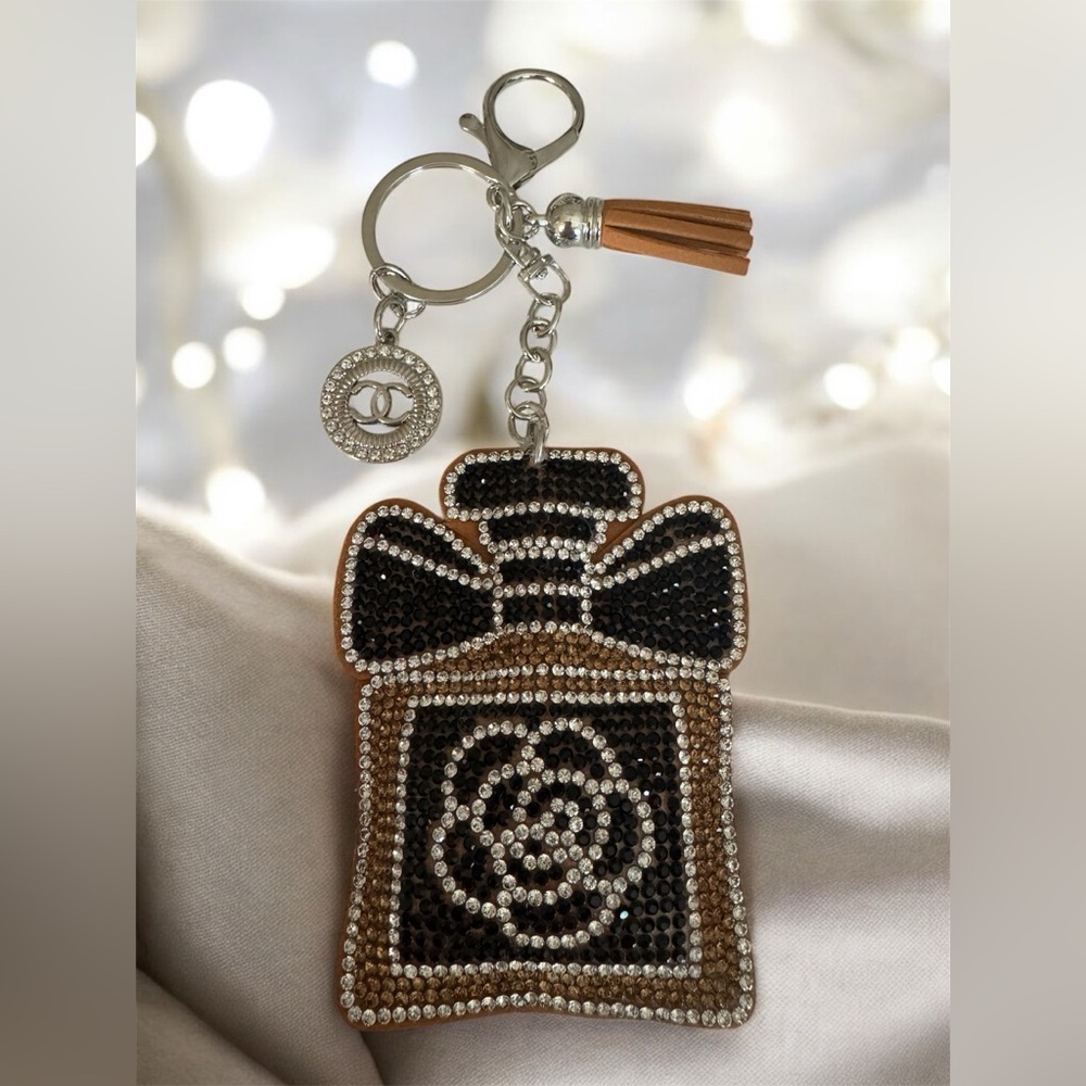 Upcycled Elegant Brown and Gold Rhinestone Perfume Keychain